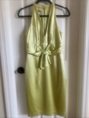 Kay Unger Satin Halter Midi Dress in Light Green with Front Knot